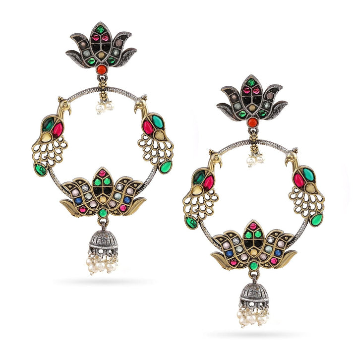 Rubans Oxidized Silver-Plated Multicolored Lotus Motif Hoop Earrings with Pearl Beads Hoop Earrings