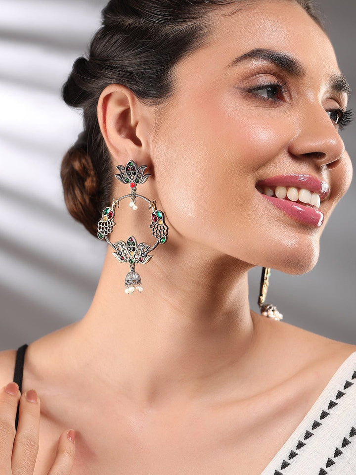 Rubans Oxidized Silver-Plated Multicolored Lotus Motif Hoop Earrings with Pearl Beads Hoop Earrings