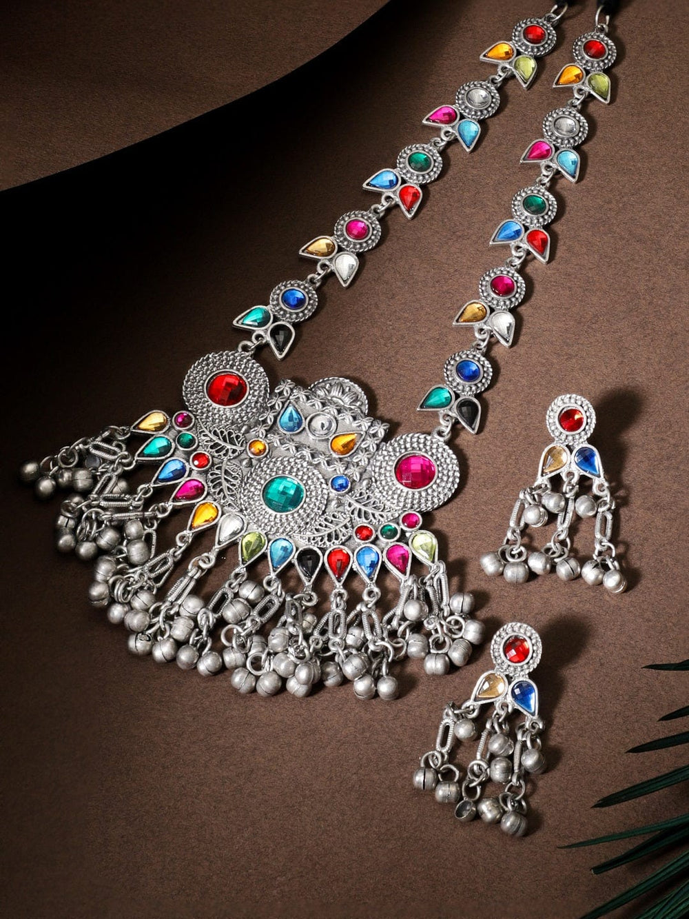 Rubans Oxidized Silver Plated Multicolour Stone Studded & Ghungroos Long Necklace Set Necklace Set