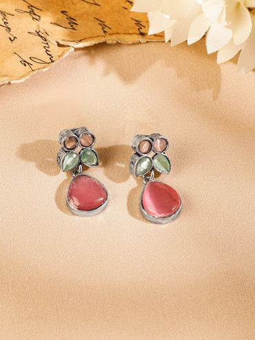 Rubans Oxidized Silver-Plated Pastel Pink & Green Kundan Studded Necklace Set with Drop Earrings Jewellery Set