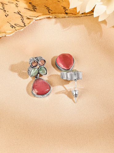 Rubans Oxidized Silver-Plated Pastel Pink & Green Kundan Studded Necklace Set with Drop Earrings Jewellery Set