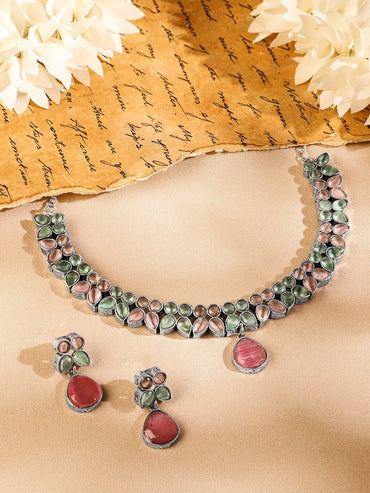 Rubans Oxidized Silver-Plated Pastel Pink & Green Kundan Studded Necklace Set with Drop Earrings Necklace Set
