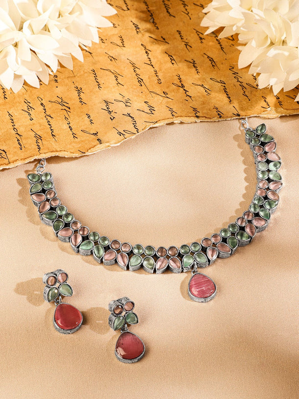 Rubans Oxidized Silver-Plated Pastel Pink & Green Kundan Studded Necklace Set with Drop Earrings Necklace Set