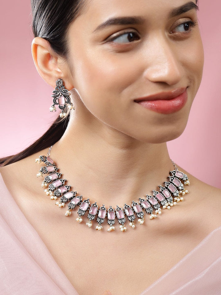 Rubans Oxidized Silver-Plated Pastel Pink Stone Studded Pearl Beaded Traditional Necklace Set Jewellery Set