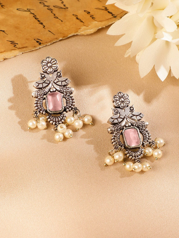 Rubans Oxidized Silver-Plated Pastel Pink Stone Studded Pearl Beaded Traditional Necklace Set Jewellery Set