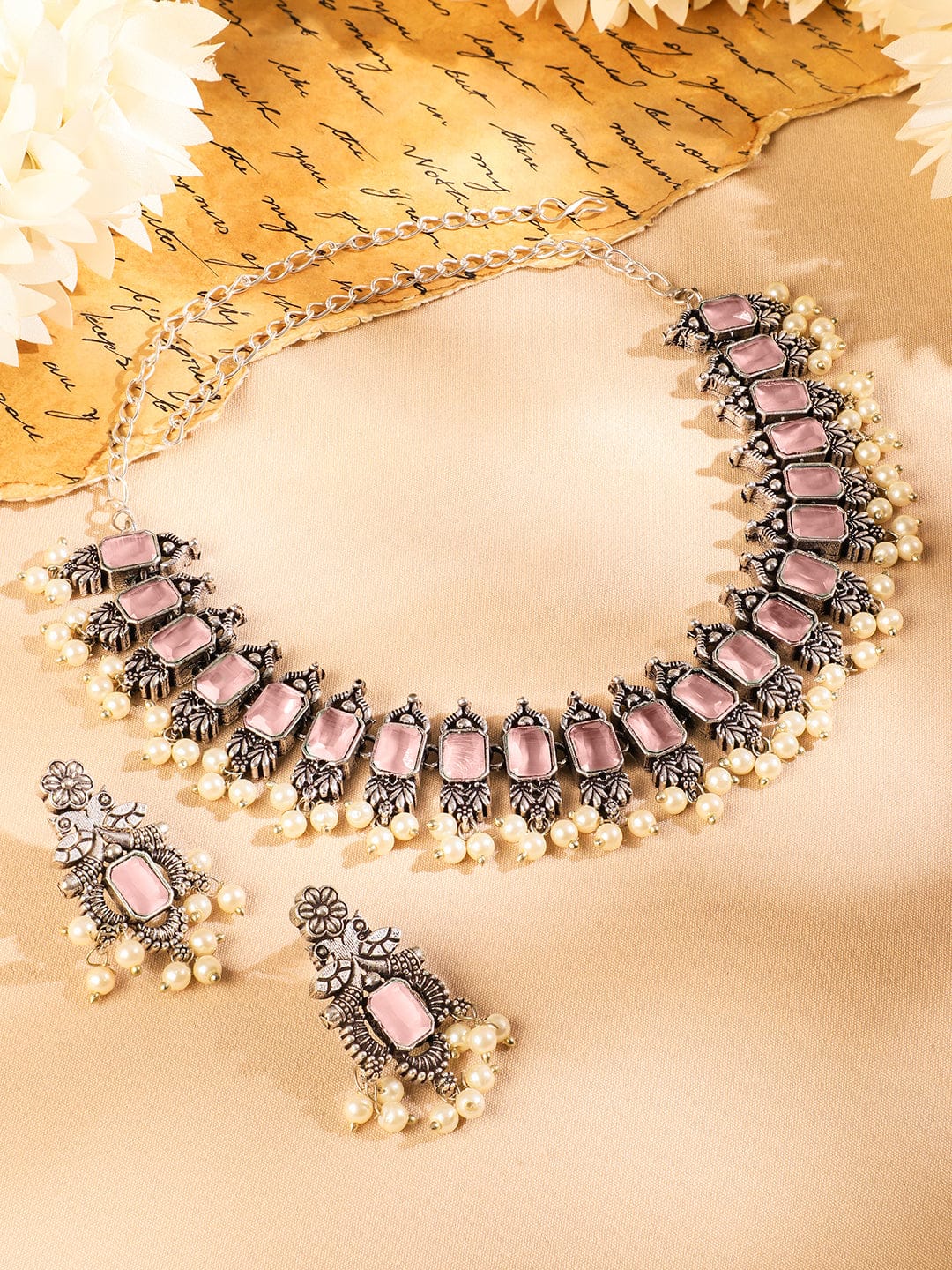 Rubans Oxidized Silver-Plated Pastel Pink Stone Studded Pearl Beaded Traditional Necklace Set Jewellery Set