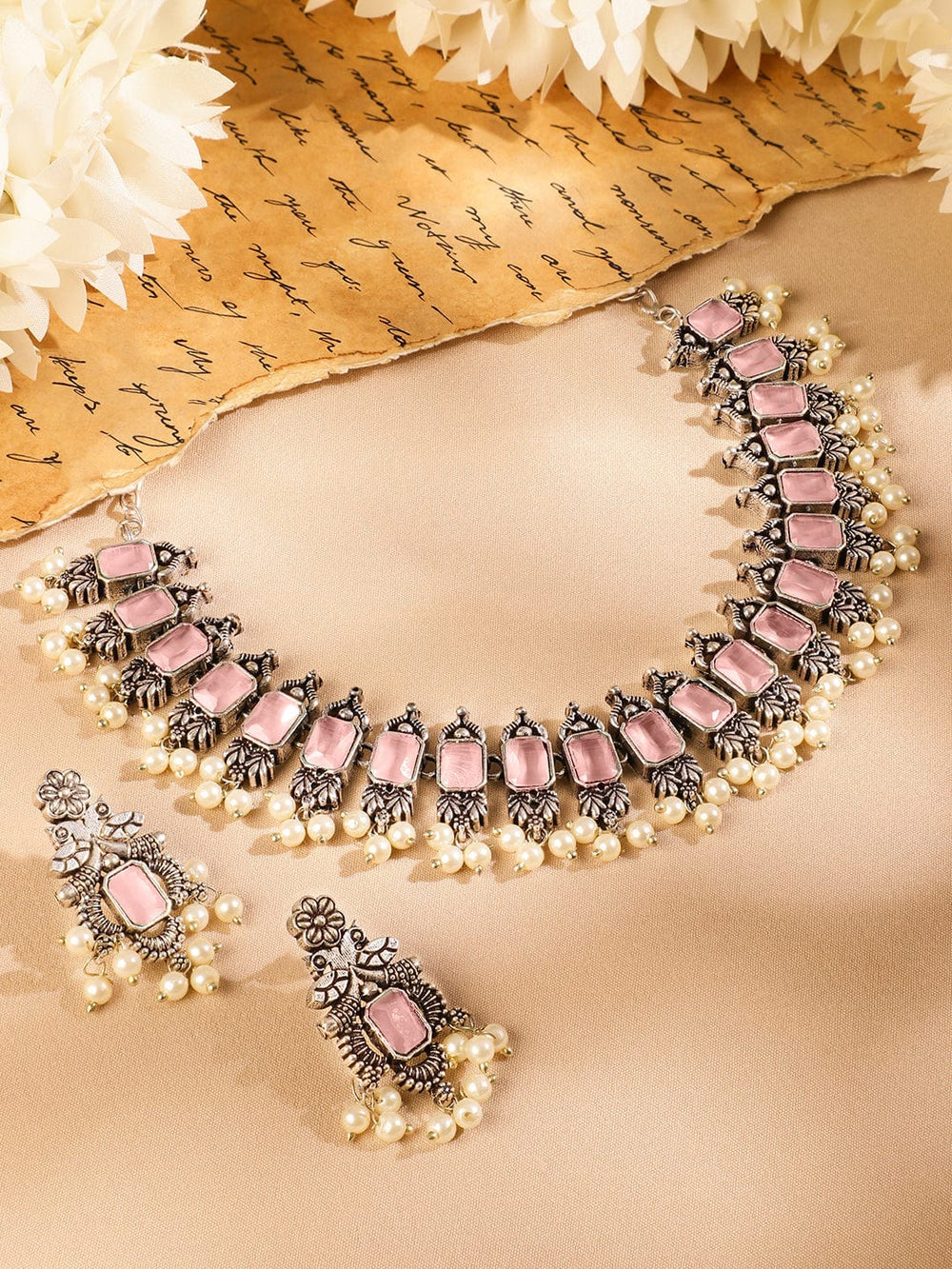 Rubans Oxidized Silver-Plated Pastel Pink Stone Studded Pearl Beaded Traditional Necklace Set Jewellery Set
