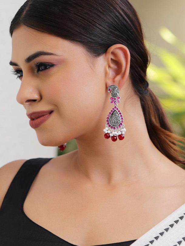 Rubans Oxidized Silver-Plated Peacock Motif Pink Stone & Pearl Beaded Earrings Drop Earrings