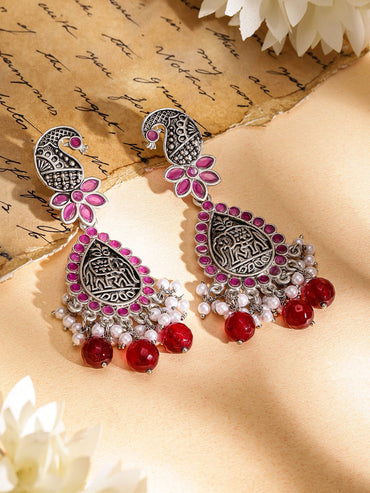 Rubans Oxidized Silver-Plated Peacock Motif Pink Stone & Pearl Beaded Earrings Earrings