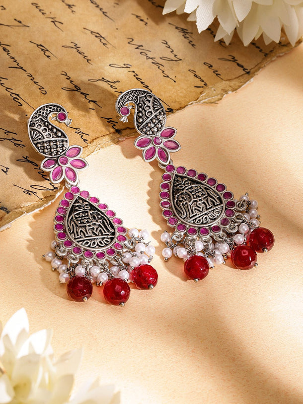 Rubans Oxidized Silver-Plated Peacock Motif Pink Stone & Pearl Beaded Earrings Earrings