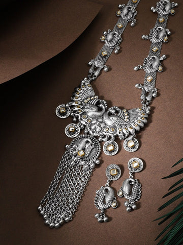 Rubans Oxidized Silver Plated Peacock Motif With Tassels Long Necklace Set Necklace Set