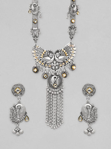 Rubans Oxidized Silver Plated Peacock Motif With Tassels Long Necklace Set Necklace Set