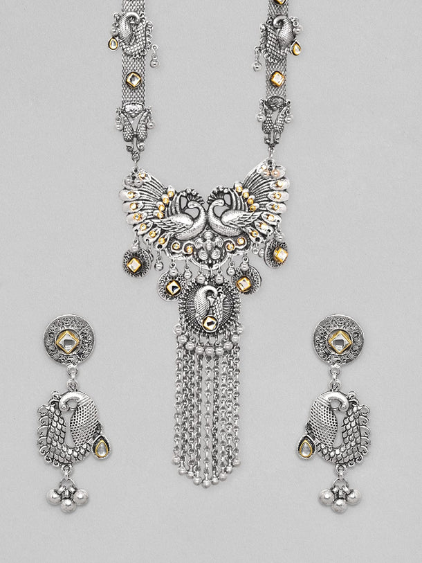 Rubans Oxidized Silver Plated Peacock Motif With Tassels Long Necklace Set Necklace Set