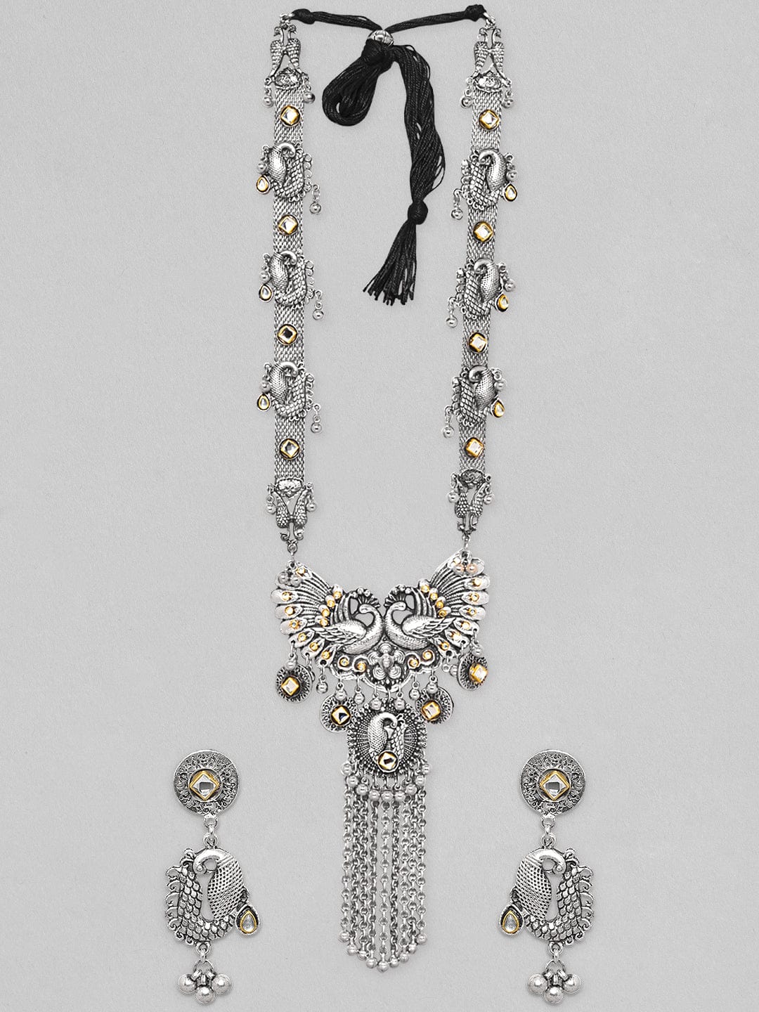 Rubans Oxidized Silver Plated Peacock Motif With Tassels Long Necklace Set Necklace Set