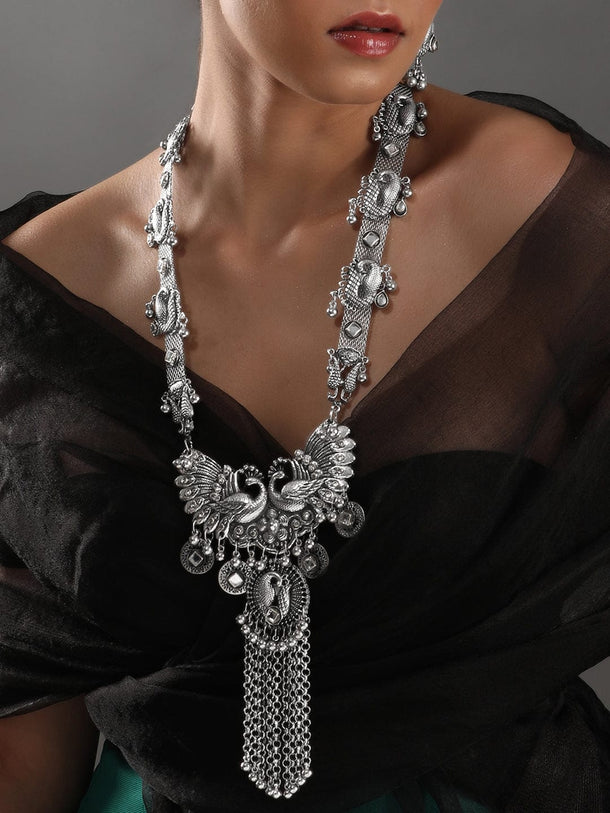 Rubans Oxidized Silver Plated Peacock Motif With Tassels Long Necklace Set Necklaces, Necklace Sets, Chains & Mangalsutra