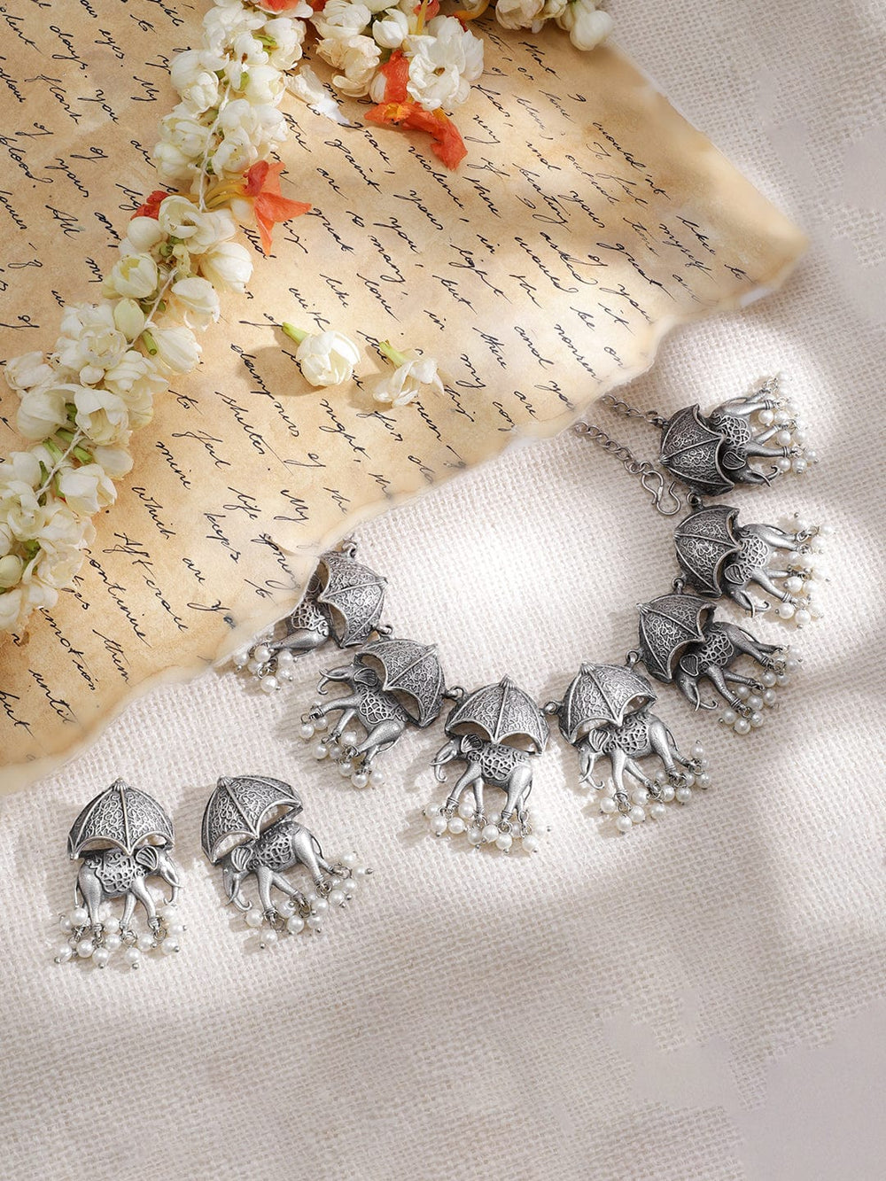 Rubans Oxidized Silver -Plated Pearls Beaded Elephant Shape Traditional Jewelry Set Jewellery Set