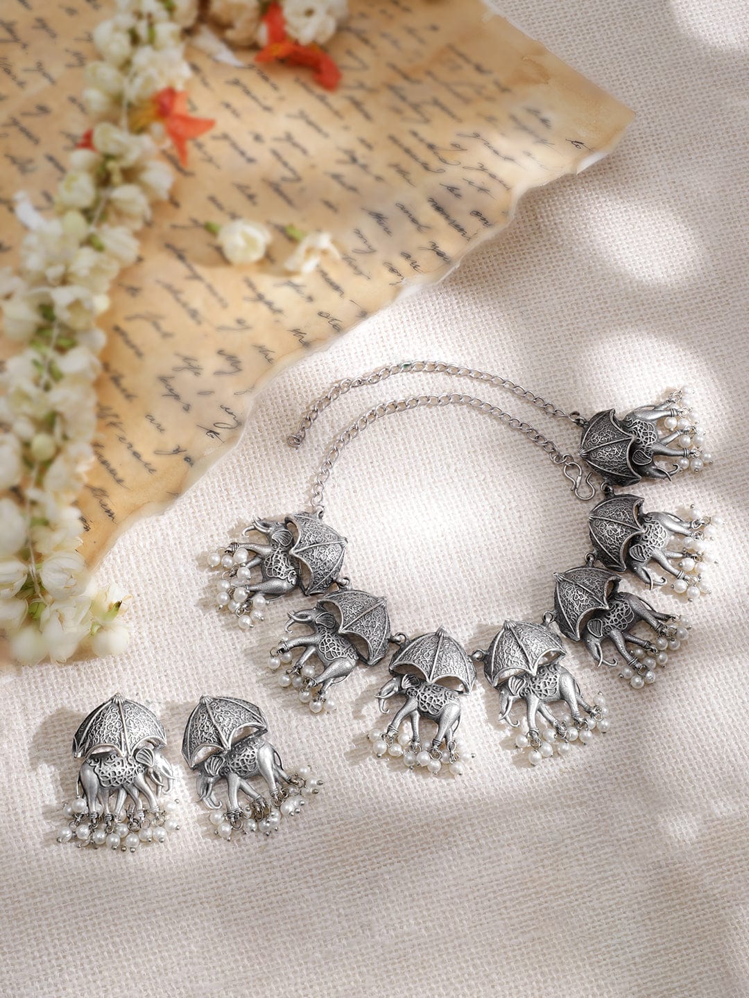 Rubans Oxidized Silver -Plated Pearls Beaded Elephant Shape Traditional Jewelry Set Jewellery Set