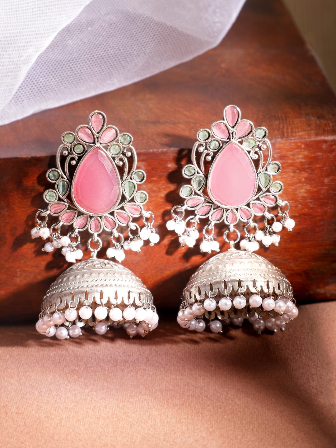 Rubans Oxidized Silver-Plated Pink & Green Stone Studded Pearl Beaded Dome Jhumka Jhumka Earrings