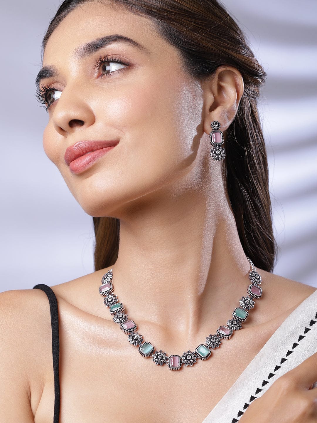 Rubans Oxidized Silver-Plated Pink & Turquoise Blue Stone Floral Jewellery Set Jewellery Set