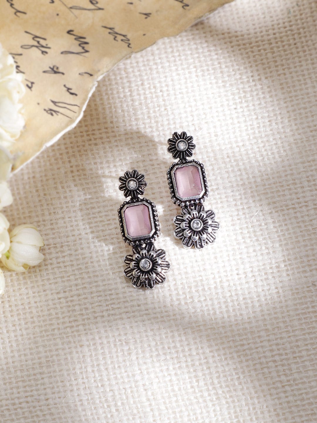 Rubans Oxidized Silver-Plated Pink & Turquoise Blue Stone Floral Jewellery Set Jewellery Set