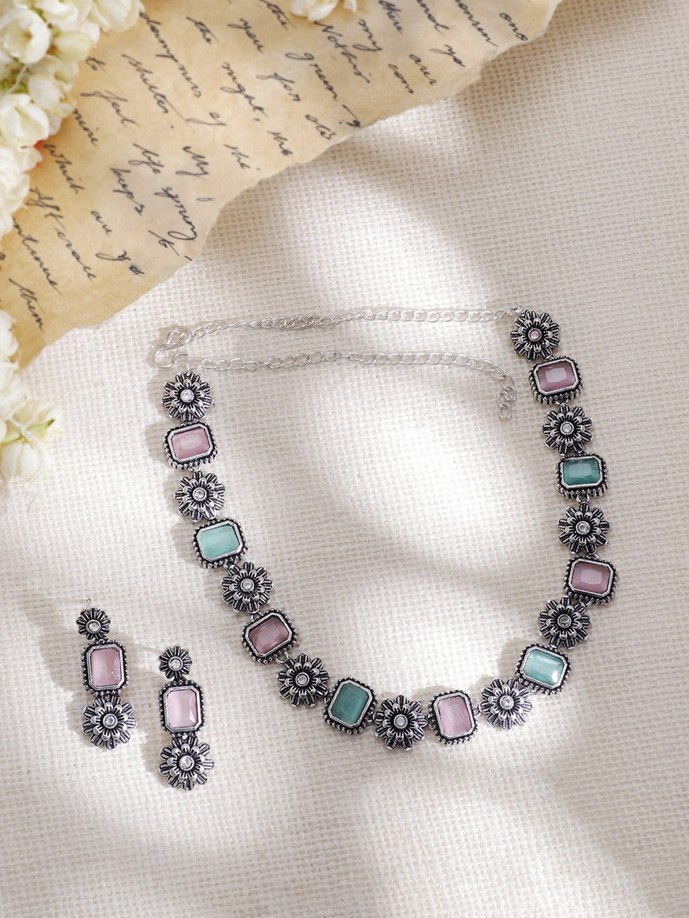 Rubans Oxidized Silver-Plated Pink & Turquoise Blue Stone Floral Jewellery Set Jewellery Set
