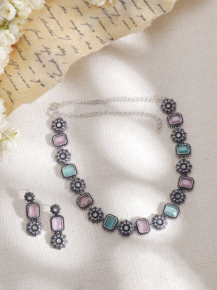 Rubans Oxidized Silver-Plated Pink & Turquoise Blue Stone Floral Jewellery Set Jewellery Set