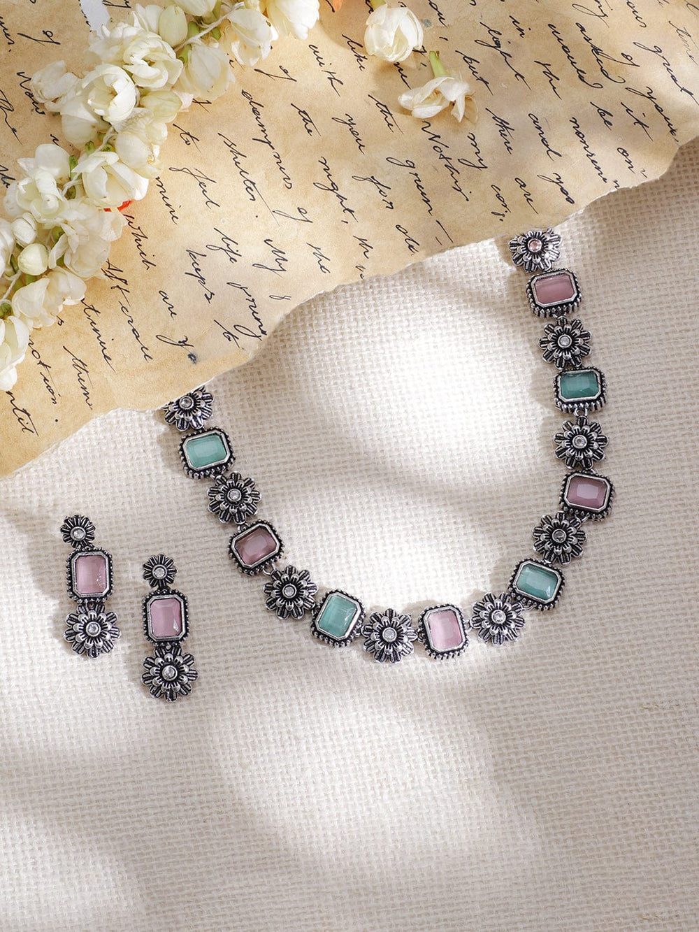 Rubans Oxidized Silver-Plated Pink & Turquoise Blue Stone Floral Jewellery Set Necklace Set