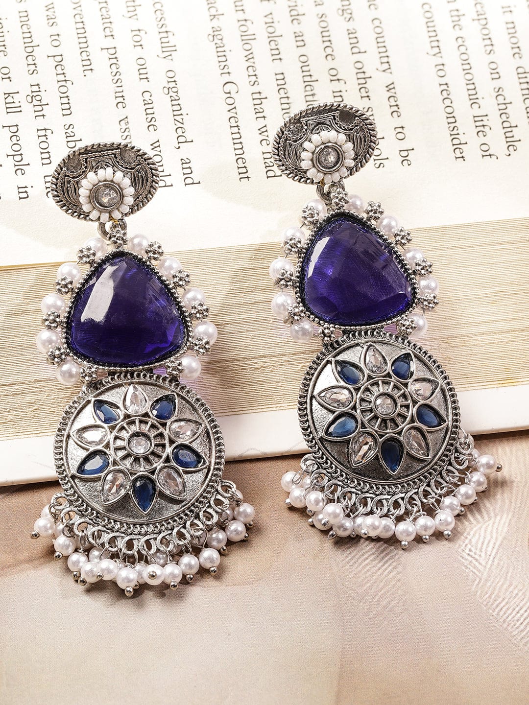 Rubans Oxidized Silver-Plated Purple Stone & Blue-White Beaded Statement Drop Earrings Earrings