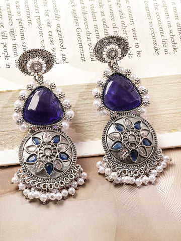 Rubans Oxidized Silver-Plated Purple Stone & Blue-White Beaded Statement Drop Earrings Earrings