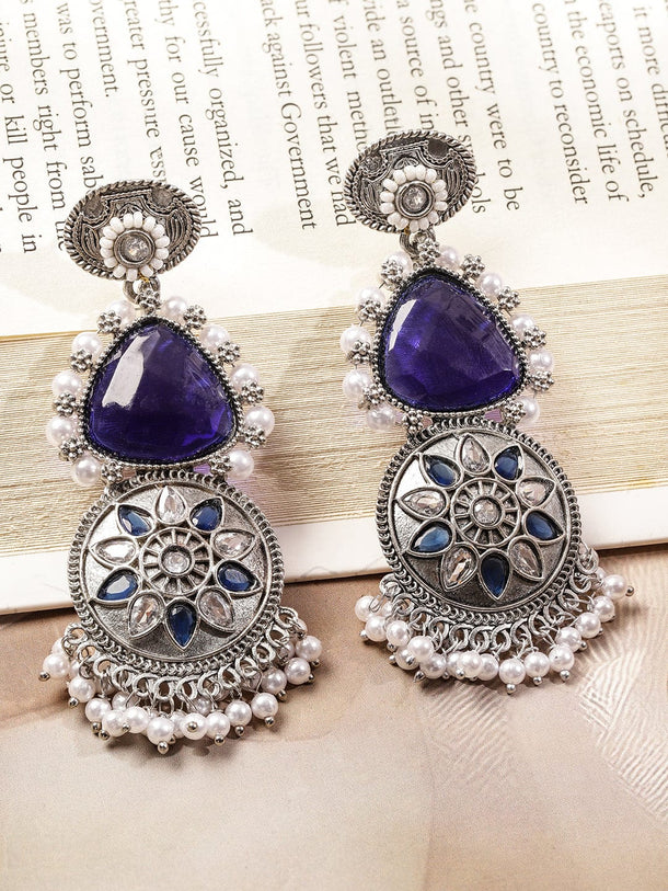 Rubans Oxidized Silver-Plated Purple Stone & Blue-White Beaded Statement Drop Earrings Earrings
