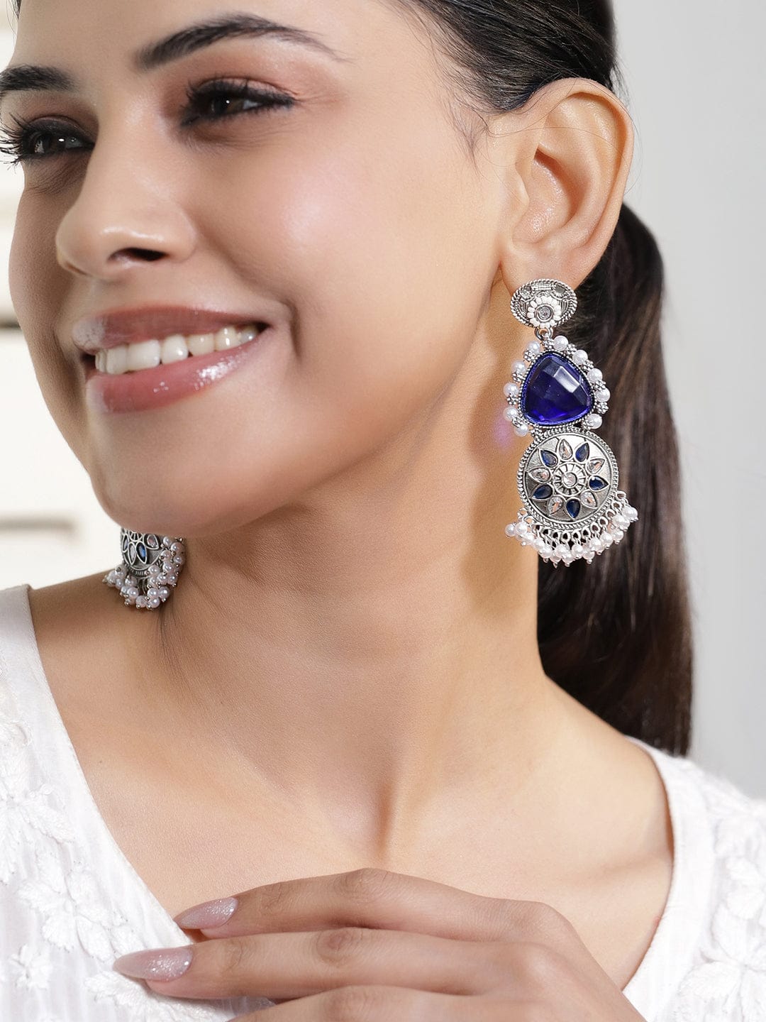 Rubans Oxidized Silver-Plated Purple Stone & Blue-White Beaded Statement Drop Earrings Earrings