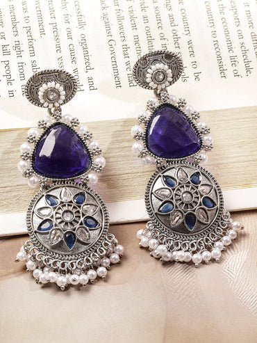 Rubans Oxidized Silver-Plated Purple Stone & Blue-White Beaded Statement Drop Earrings Earrings