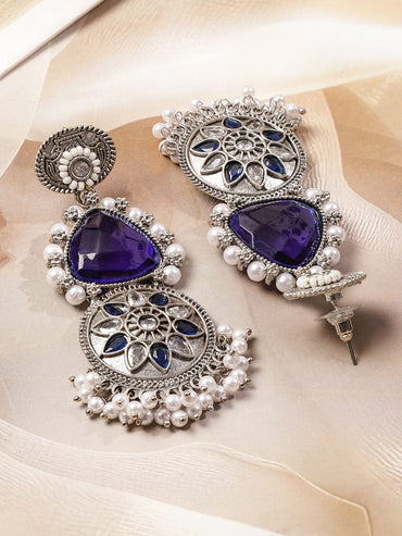 Rubans Oxidized Silver-Plated Purple Stone & Blue-White Beaded Statement Drop Earrings Earrings