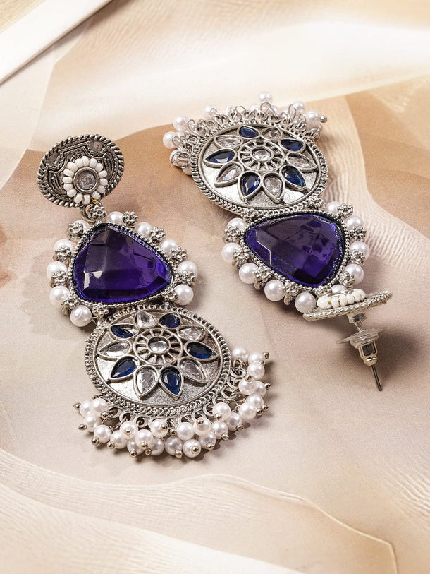 Rubans Oxidized Silver-Plated Purple Stone & Blue-White Beaded Statement Drop Earrings Earrings