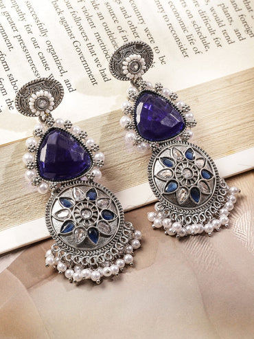 Rubans Oxidized Silver-Plated Purple Stone & Blue-White Beaded Statement Drop Earrings Earrings