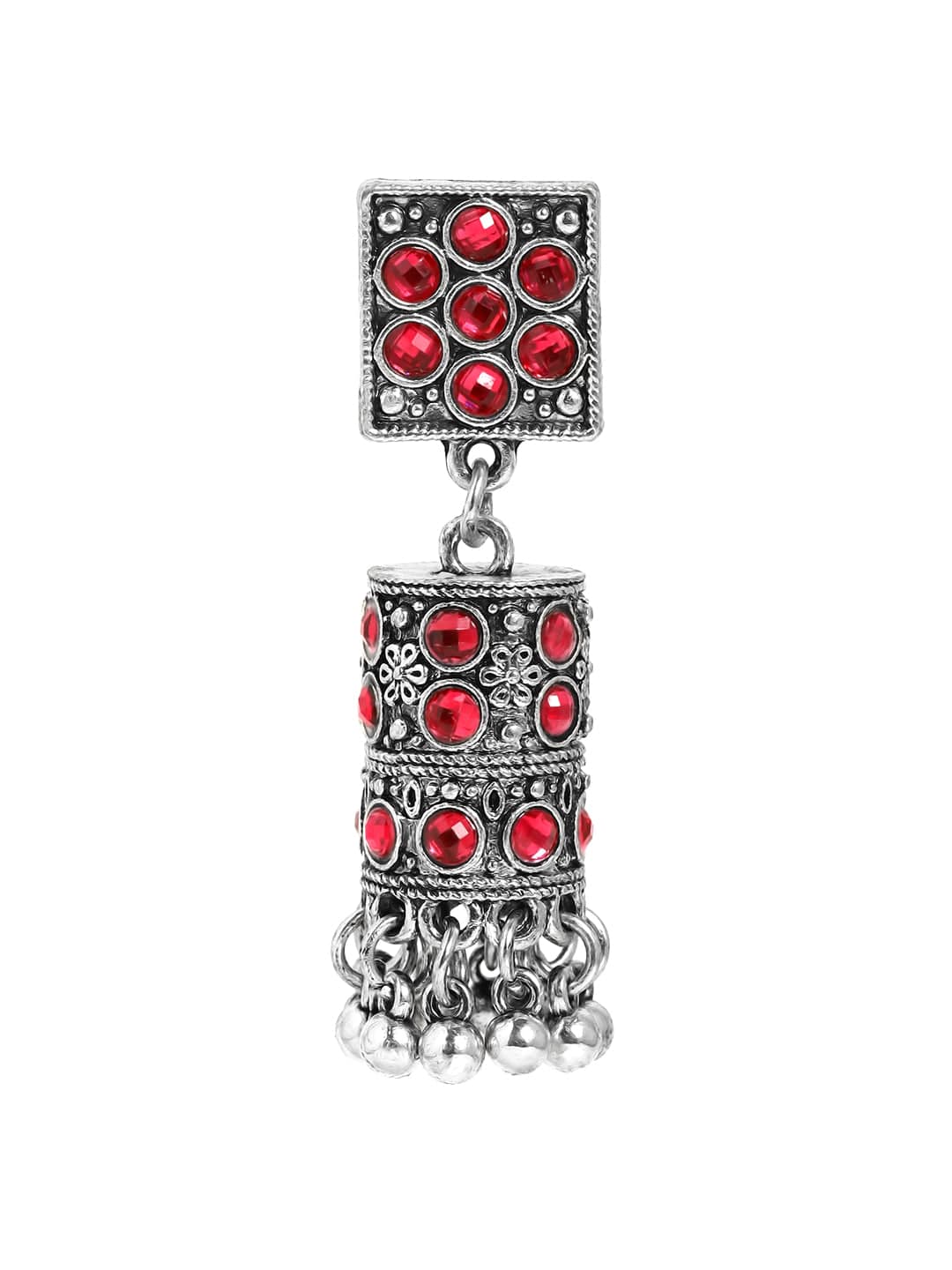 Rubans Oxidized Silver-Plated Ruby Red Stone Studded Drop Earrings with Ghungroo Beads Jhumka Earrings