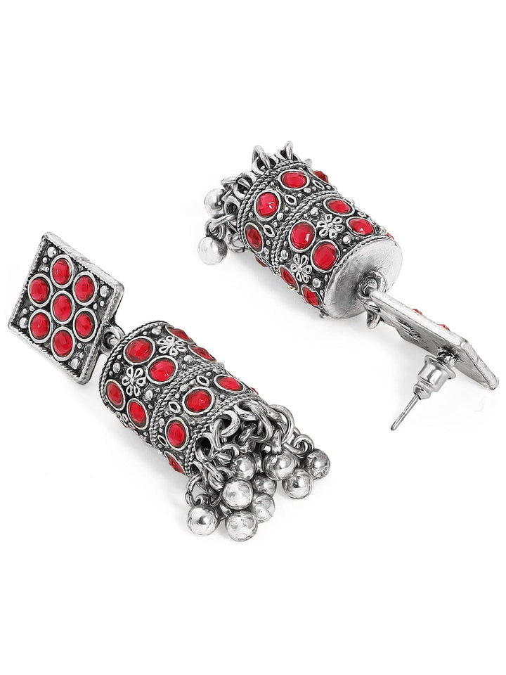 Rubans Oxidized Silver-Plated Ruby Red Stone Studded Drop Earrings with Ghungroo Beads Jhumka Earrings