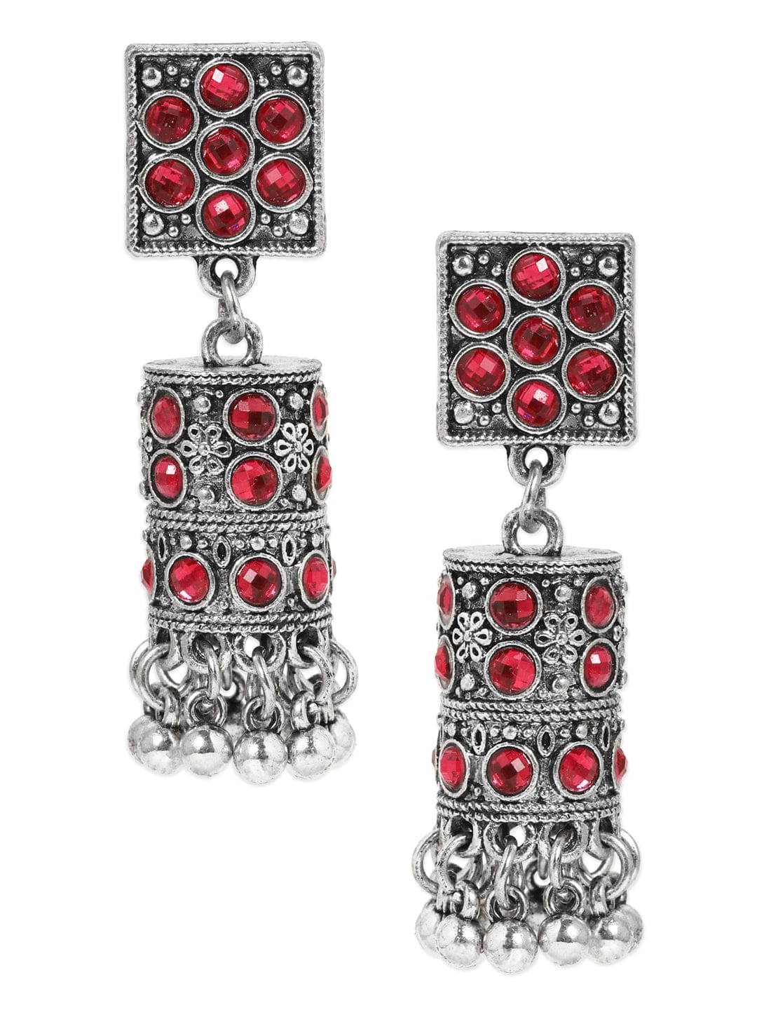 Rubans Oxidized Silver-Plated Ruby Red Stone Studded Drop Earrings with Ghungroo Beads Jhumka Earrings