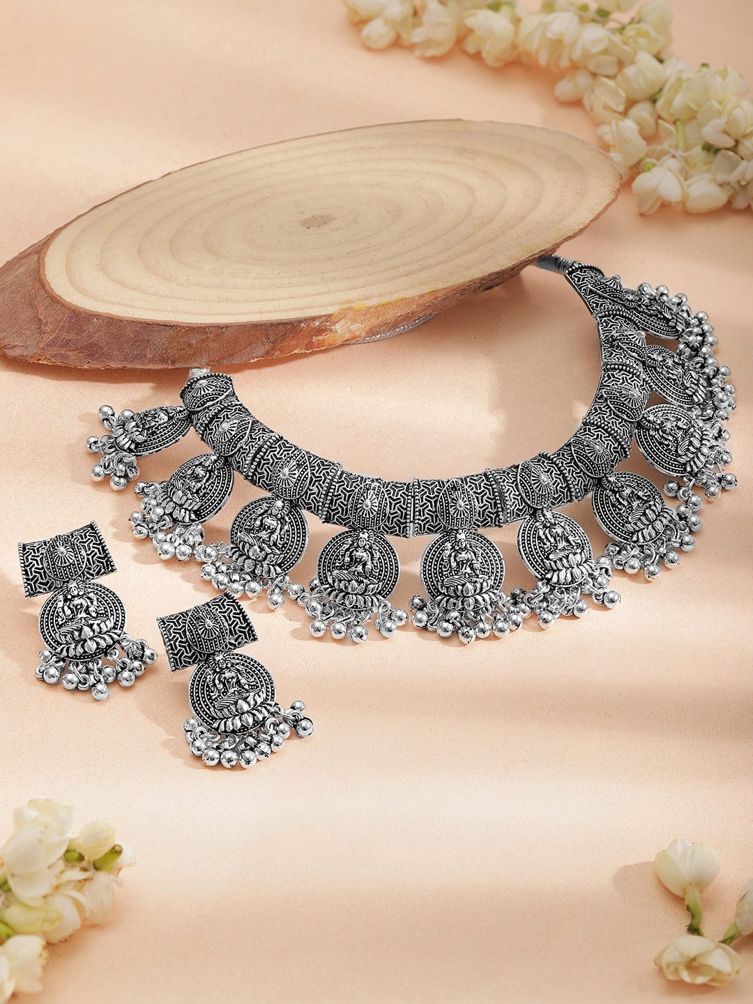 Rubans Oxidized Silver-Plated Traditional Goddess Lakshmi Coin Necklace Set with Beads Jewellery Set