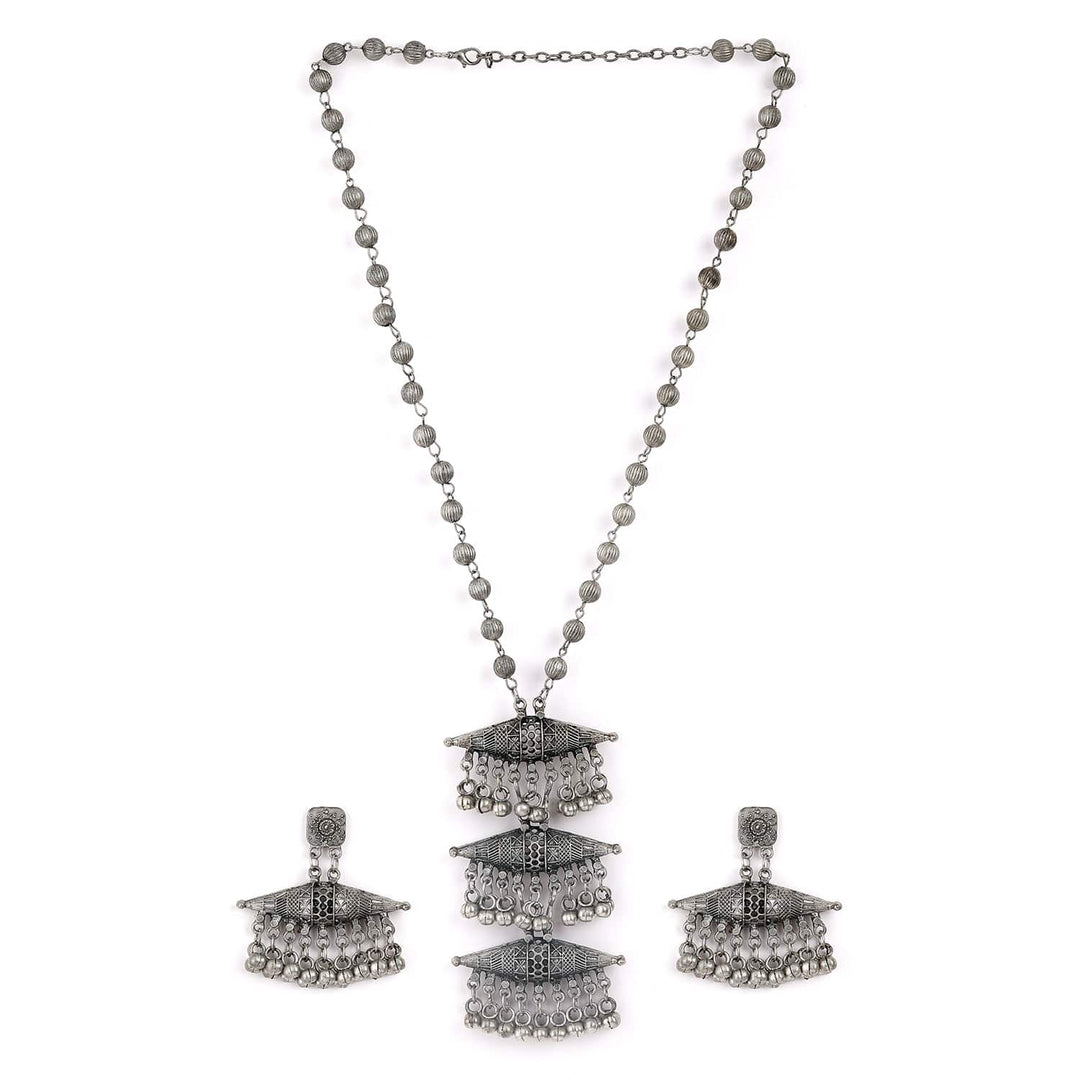 Rubans Oxidized Silver-Plated Tribal Long Necklace Set with Silver Beads & Layered Detailing Necklace Set