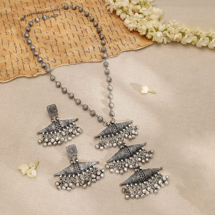 Rubans Oxidized Silver-Plated Tribal Long Necklace Set with Silver Beads & Layered Detailing Necklace Set