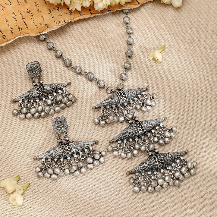 Rubans Oxidized Silver-Plated Tribal Long Necklace Set with Silver Beads & Layered Detailing Necklace Set