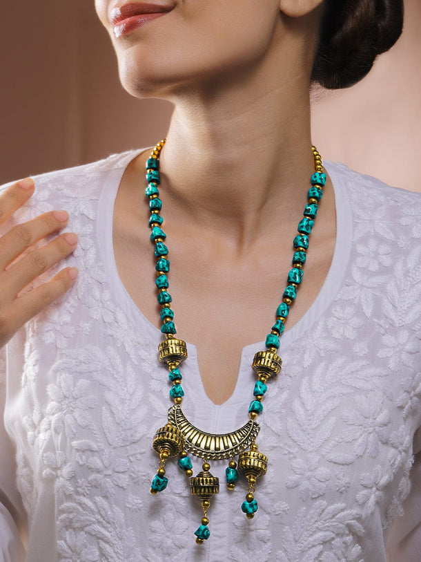 Rubans Oxidized Silver-Plated Tribal Pendant Necklace with Turquoise Blue Beads & Dome Charms Necklace and Chains