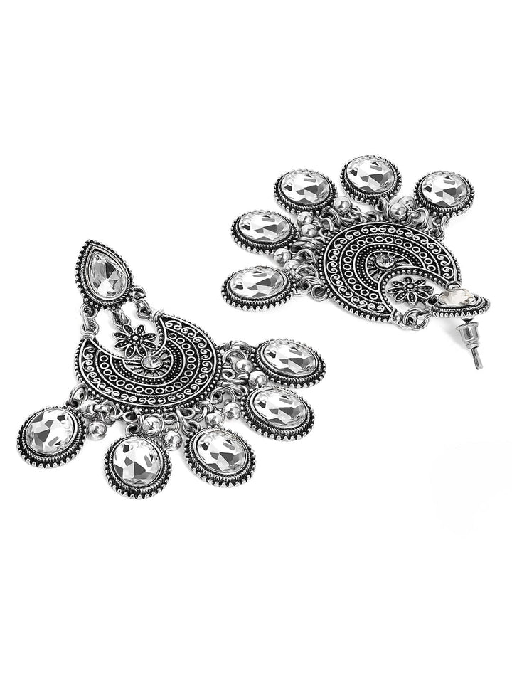 Rubans Oxidized Silver-Plated White AD Stone Studded Chandelier Earrings in Silver Tone Chandelier Earrings