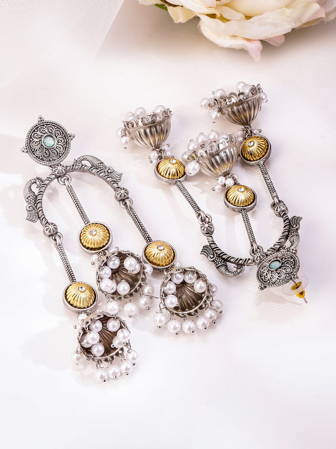 Rubans Oxidized Silver Triple Layer Long Jhumka Earrings with Pearl Beads & Gold Floral Accents for Women Earrings
