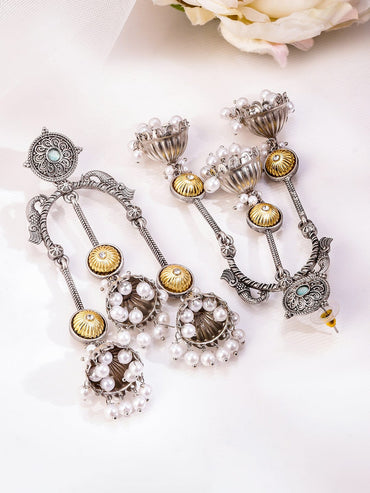 Rubans Oxidized Silver Triple Layer Long Jhumka Earrings with Pearl Beads & Gold Floral Accents for Women Earrings