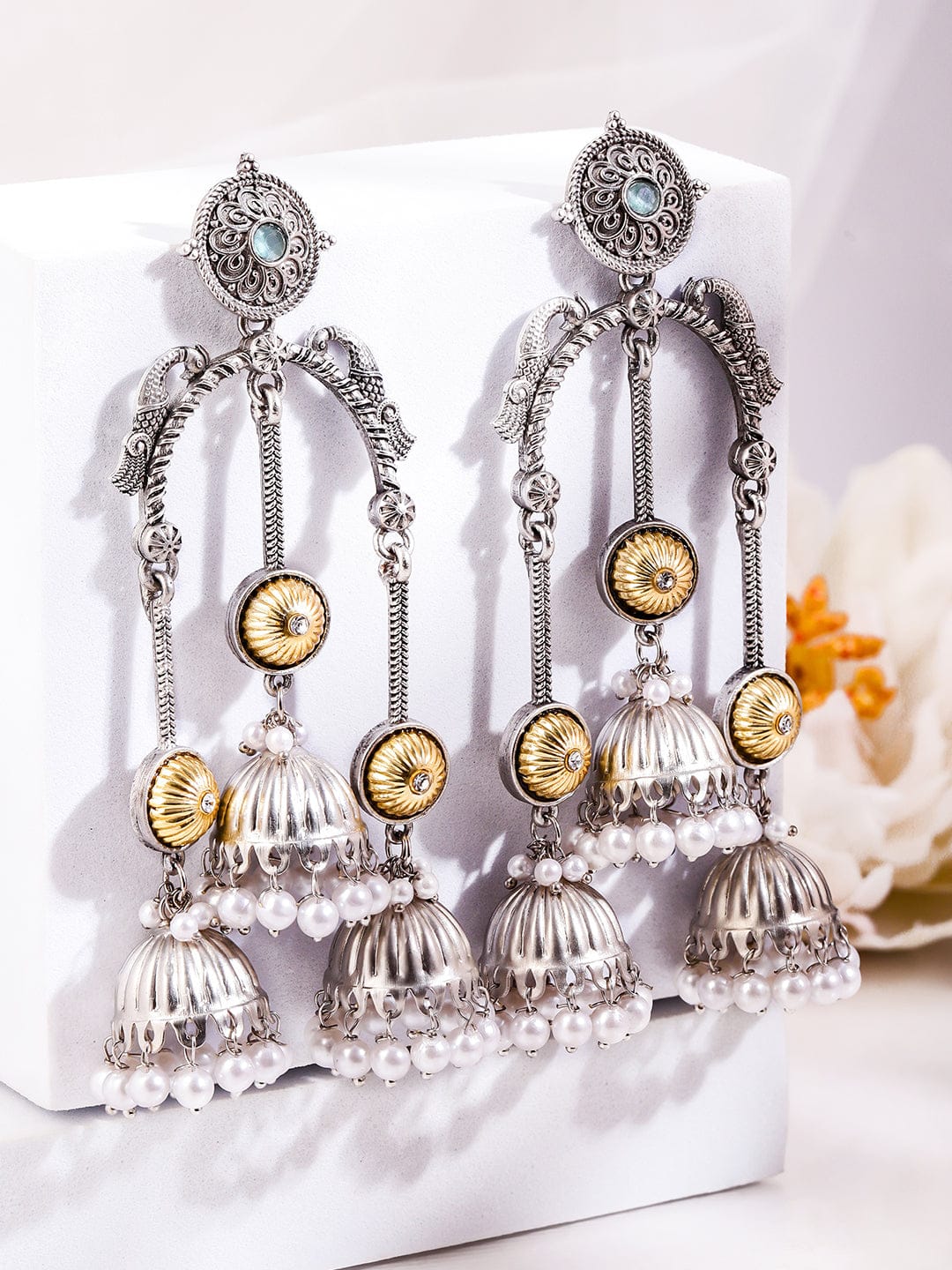 Rubans Oxidized Silver Triple Layer Long Jhumka Earrings with Pearl Beads & Gold Floral Accents for Women Earrings