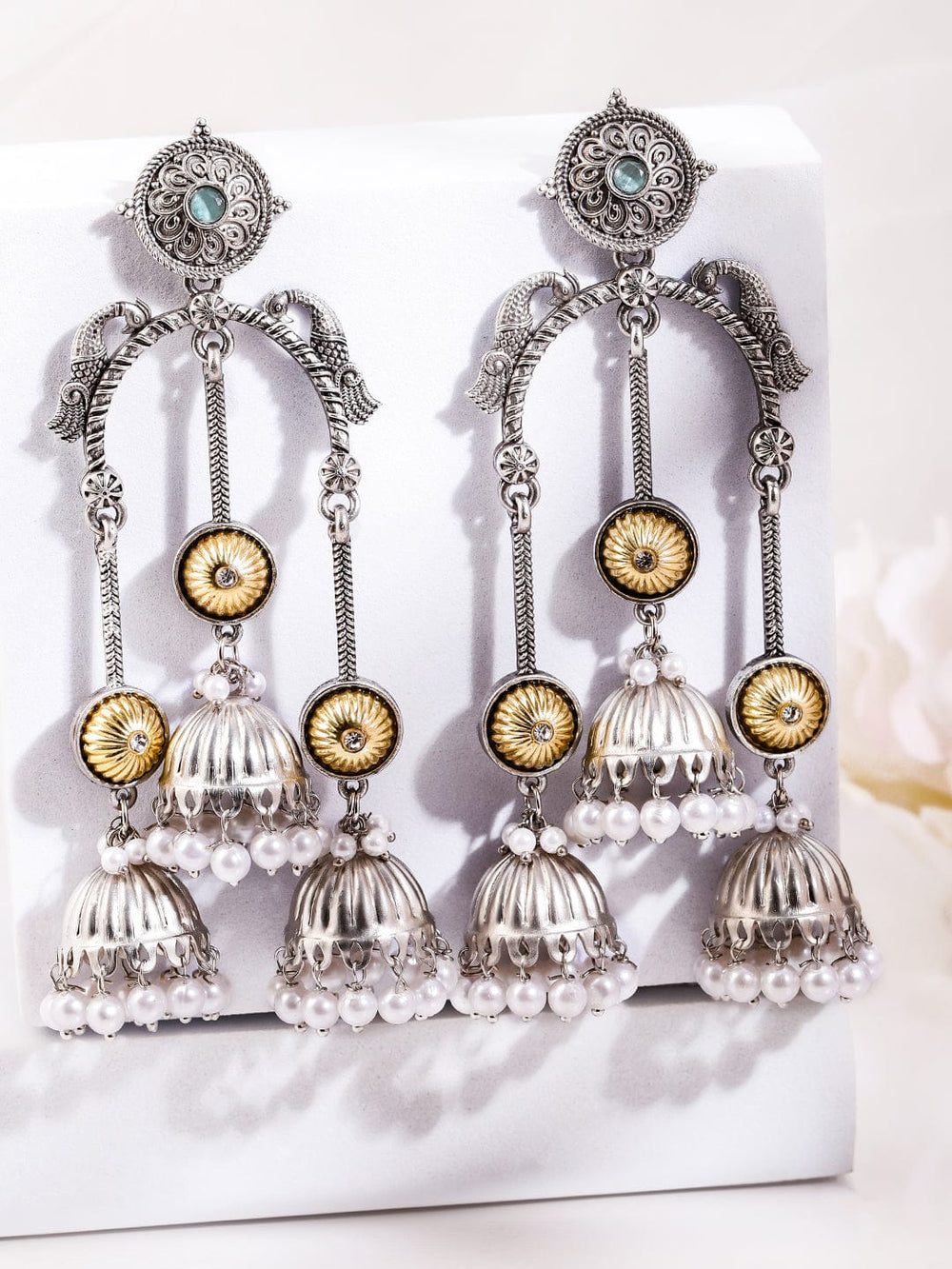 Rubans Oxidized Silver Triple Layer Long Jhumka Earrings with Pearl Beads & Gold Floral Accents for Women Earrings