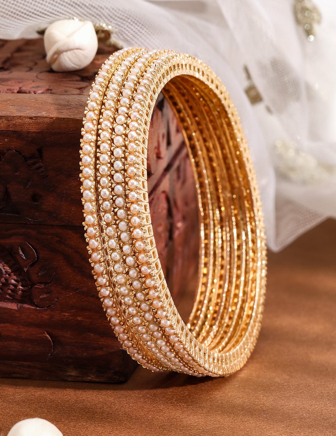 Rubans Pack of 4 18kGold Plated Pearl Beaded  Bangles Bangles