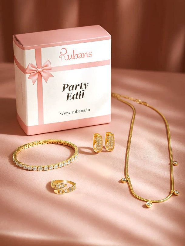 Rubans Party Edit – Sparkle-Ready Glam | 4 Combo Set with 22K Gold-Plated Necklace, Bracelet, Earrings & Ring Earrings, Necklace, Ring and Bracelet Combo